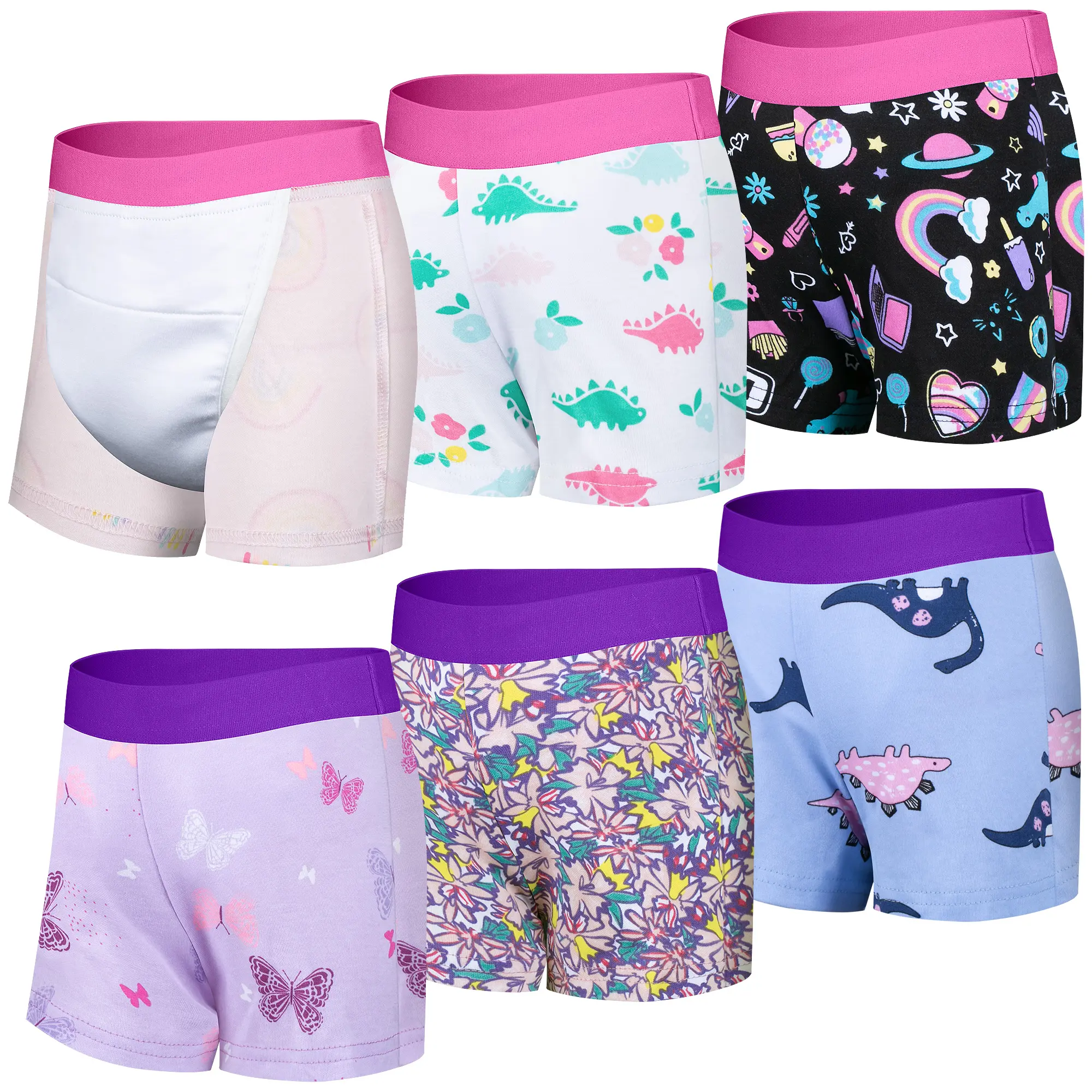 6 Pack Cute Potty Training Pants For Boys and Girls, 100% Cotton Multi-Layer Light Absorbent Toddler Toilet Training Underwear