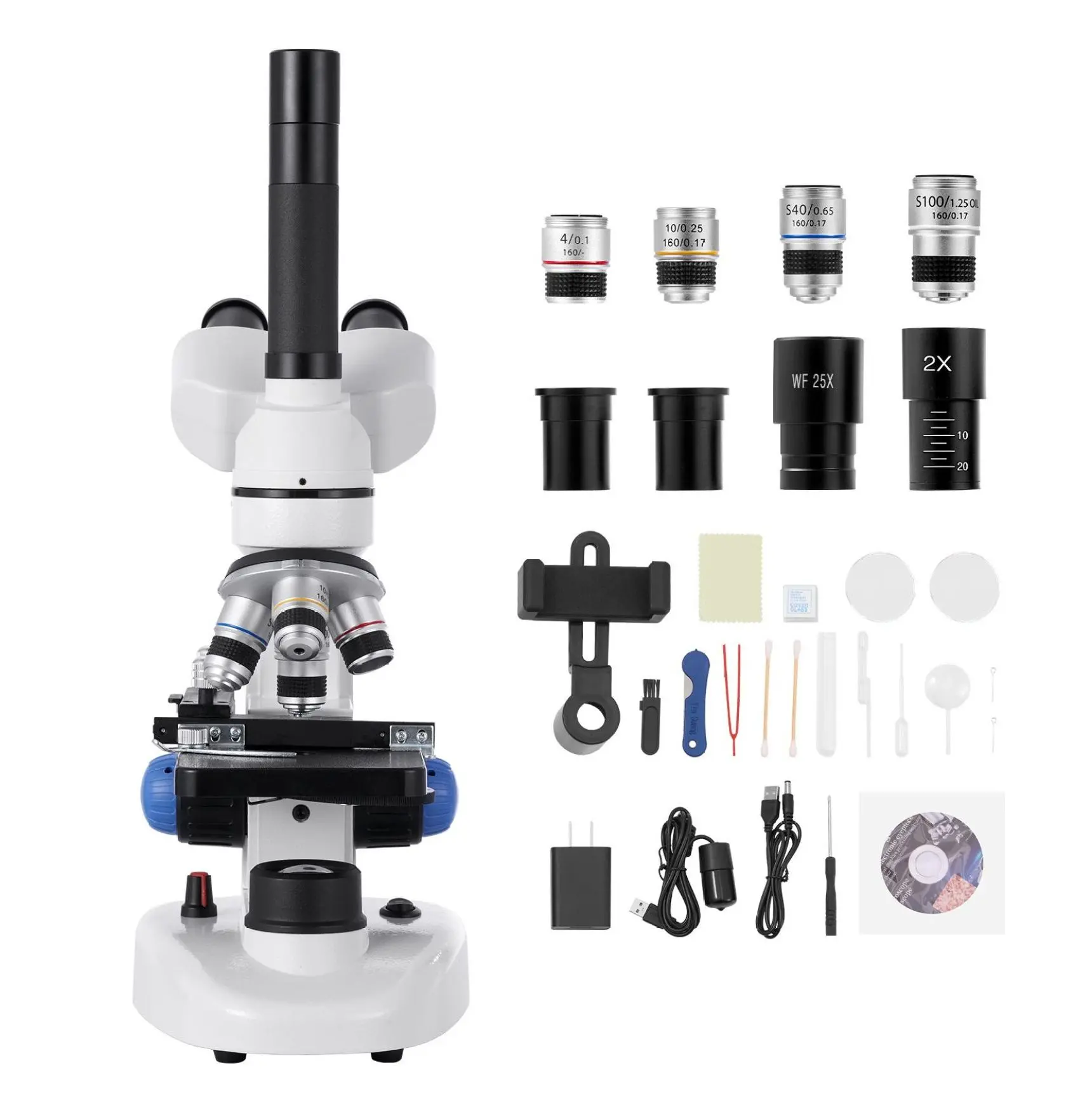 Trinocular Microscope 40-5000X, VEVOR  Compound Microscope for Adults, LED, Phone Adapter, Aluminum Alloy - Lab, School, Home Education Default