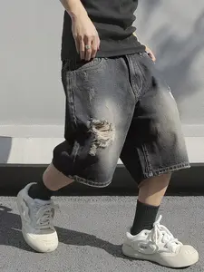 Men's Plain Ripped Pocket Denim Shorts, Trendy Casual Wear, Daily Fashion, Loose Straight Fit, Hole Design, Five-Pocket Style, Denim Clothing