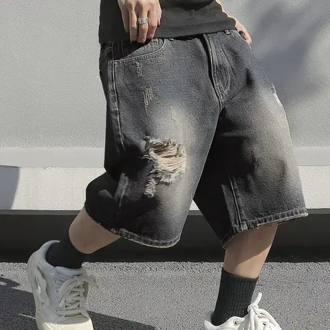 Men's Plain Ripped Pocket Denim Shorts, Trendy Casual Wear, Daily Fashion, Loose Straight Fit, Hole Design, Five-Pocket Style, Denim Clothing