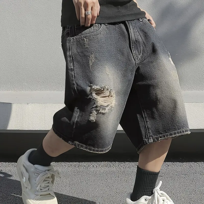 Men's Plain Ripped Pocket Denim Shorts, Trendy Casual Wear, Daily Fashion, Loose Straight Fit, Hole Design, Five-Pocket Style, Denim Clothing