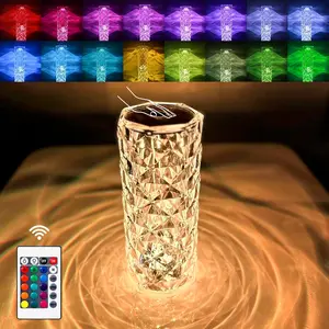 Rose Diamond Crystal Table Lamp, 16 Color Night Light, Touch Control Bedside Lamp with USB Rechargeable & Remote, Atmosphere Lamp for Mother's Day Valentines Wedding Decoration