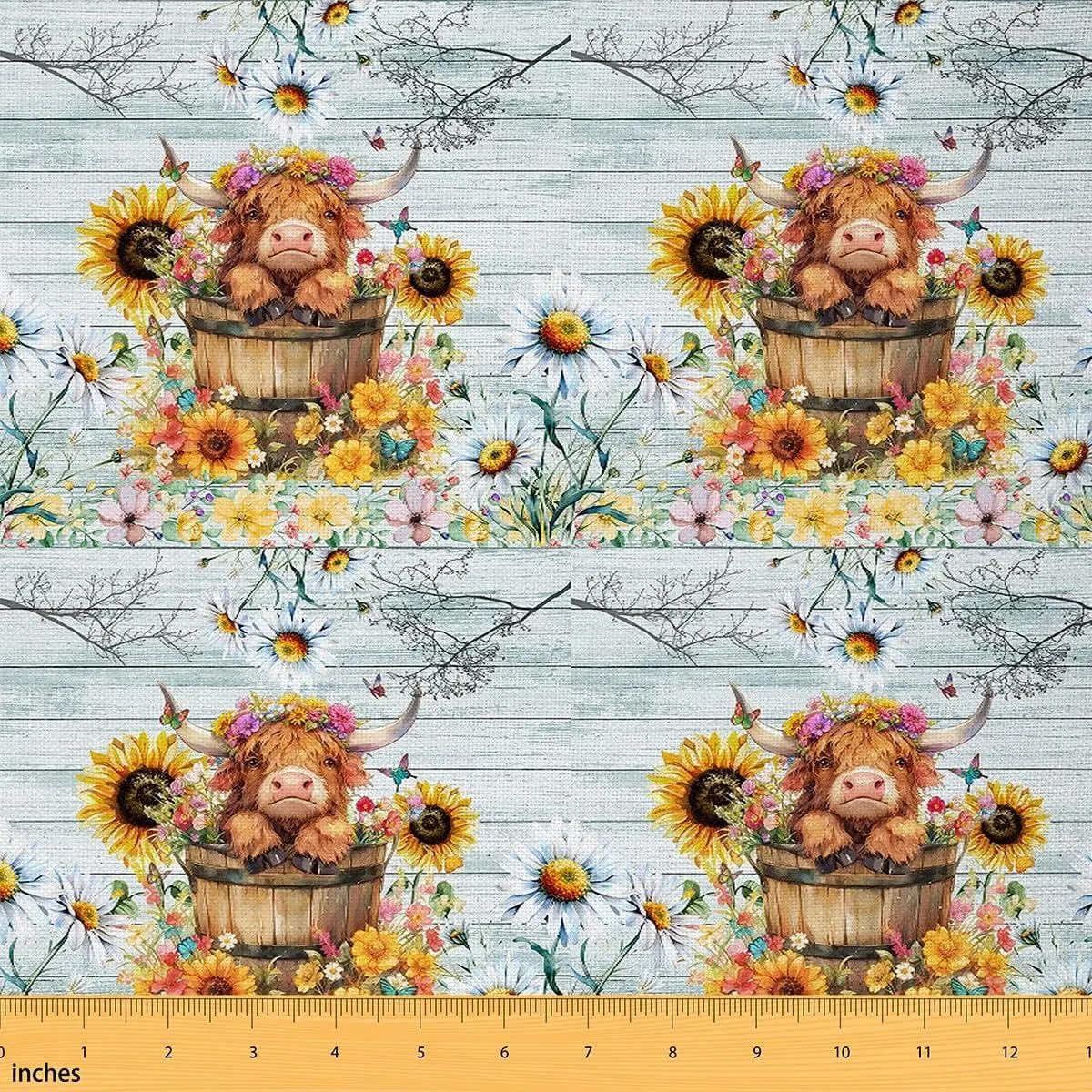 Highland Cow Fabric Sunflower Cute Farm Animals Upholstery Fabric Chairs,Vintage Wood Plank Floral,，Soft Flannel