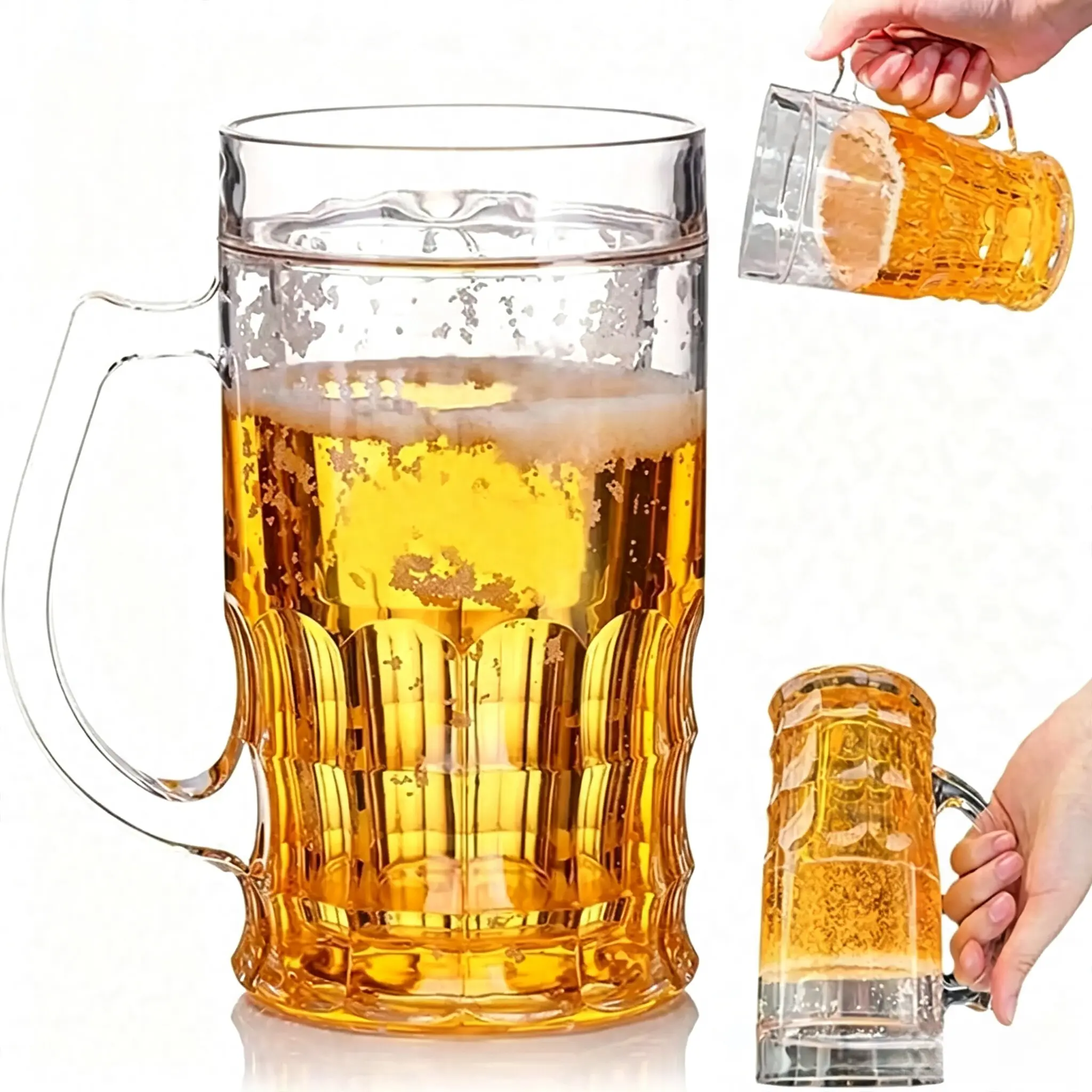 1 Pack 400ml Reusable Plastic Double-Walled Fake Beer Mug Cup with Handle, Built-In Realistic Foam Effect, Lightweight Durable Novelty Prank Cup for Bar Parties, Adult Gag Gifts, Stage Show Props (0-500ml Capacity)