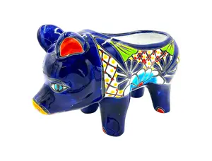 Mexican Talavera Piggy Planter Pot Hand Painted - Dark Blue Trim