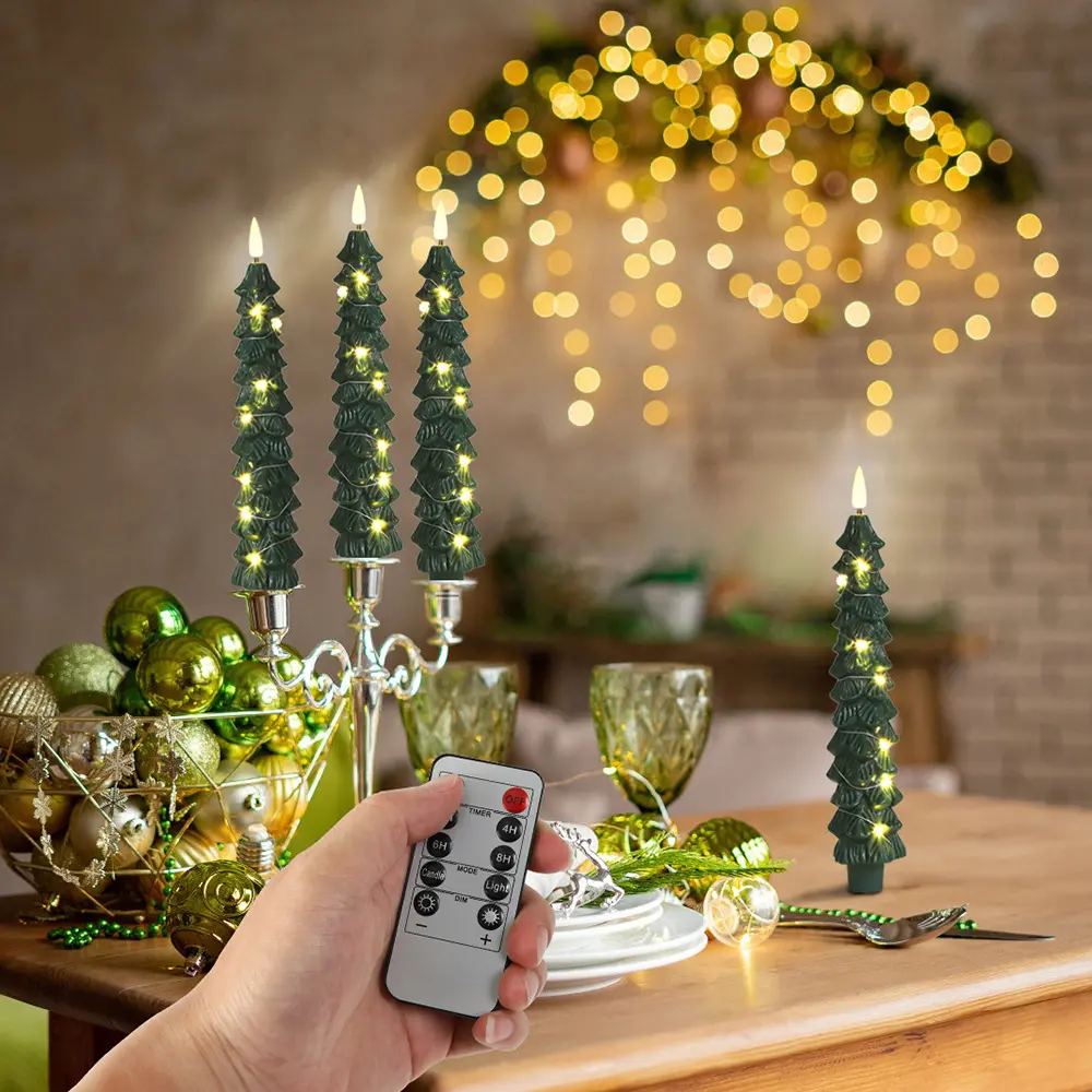 4pcs Christmas Tree LED Candle Lights Set, Remote Control Battery Operated Warm Glow Decorative Candles for Home Holiday Decoration