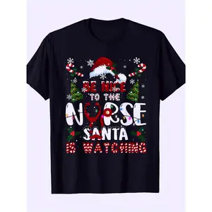Women'S Funny Nurse Christmas T-Shirt - "Be Nice to The Nurse Santa Is Watching" Medical Holiday Workwear, 180gsm Heavyweight Short Sleeve Round Neck Tee with Santa Hat & Stethoscope Design, Funny Nursing Apparel Gift for Nurses Day