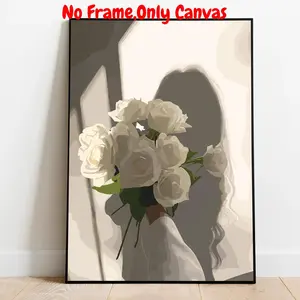 White Rose Pattern Unframed Painting, Modern Canvas Wall Art, Wall Decor for Home Living Room Bedroom Study Room, Ornaments