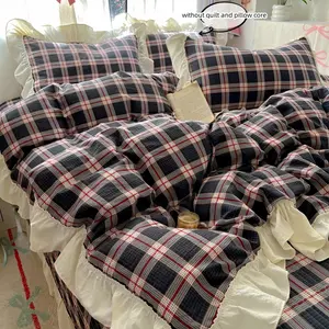 3pcs black checkered bedding with soft lace lace duvet cover and pillowcase (excluding core), duvet cover with zipper for easy removal and washing, comfortable and soft fabric, suitable for all seasons, Soft Bedding Sets