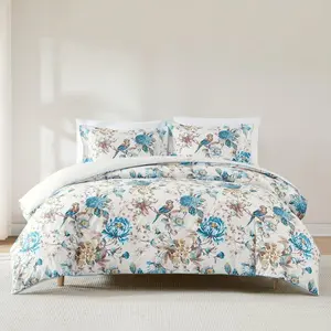 Lush Decor Bird And Hydrangea Reversible Cotton Duvet Cover Set - 3-Piece Full/Queen/King Size Bedding with Bold Flower Print & Subtle Floral Back