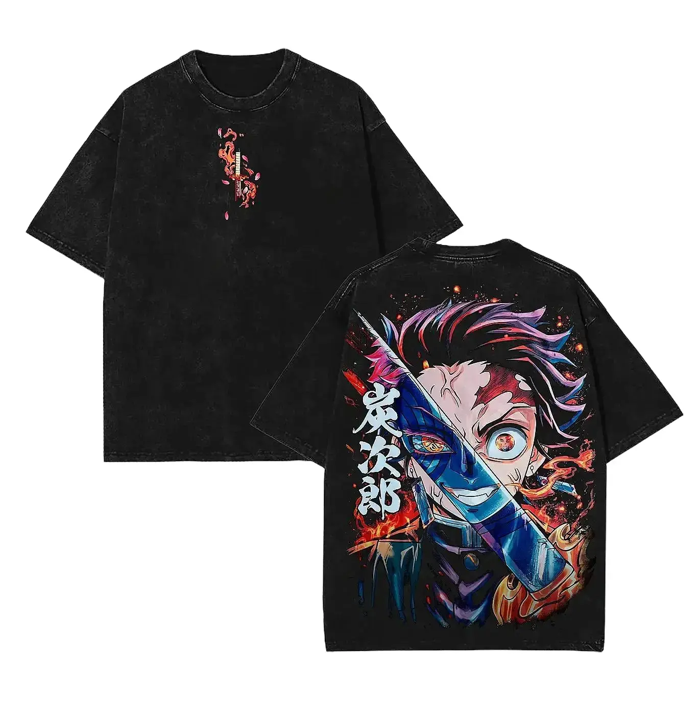 Men's Retro Limited Vintage Kamado Tanjiro Demon Slayer Unisex Oversize Short-Sleeve Crew Neck Anime Manga T-Shirt, Summer Streetwear Gift For Anime Fans