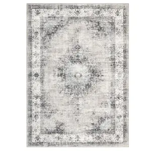 【Christmas Gift】9 x 12 ft Polyester Light Taupe Rectangular Living Room Bedroom Dining Room Floral Medallion Vintage Machine Washable Area Rug