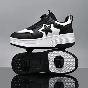 Hot Youngsters' Fashion Roller Skate Shoes with Wheels - Durable, Comfortable Sneakers for Boys & Girls, Star Pattern, All-Season Casual/Sporty Wear, Easy Twist Buckle Closure, Low-Top Design, PU Upper, TPR Sole, Deformation Wheeled Shoes