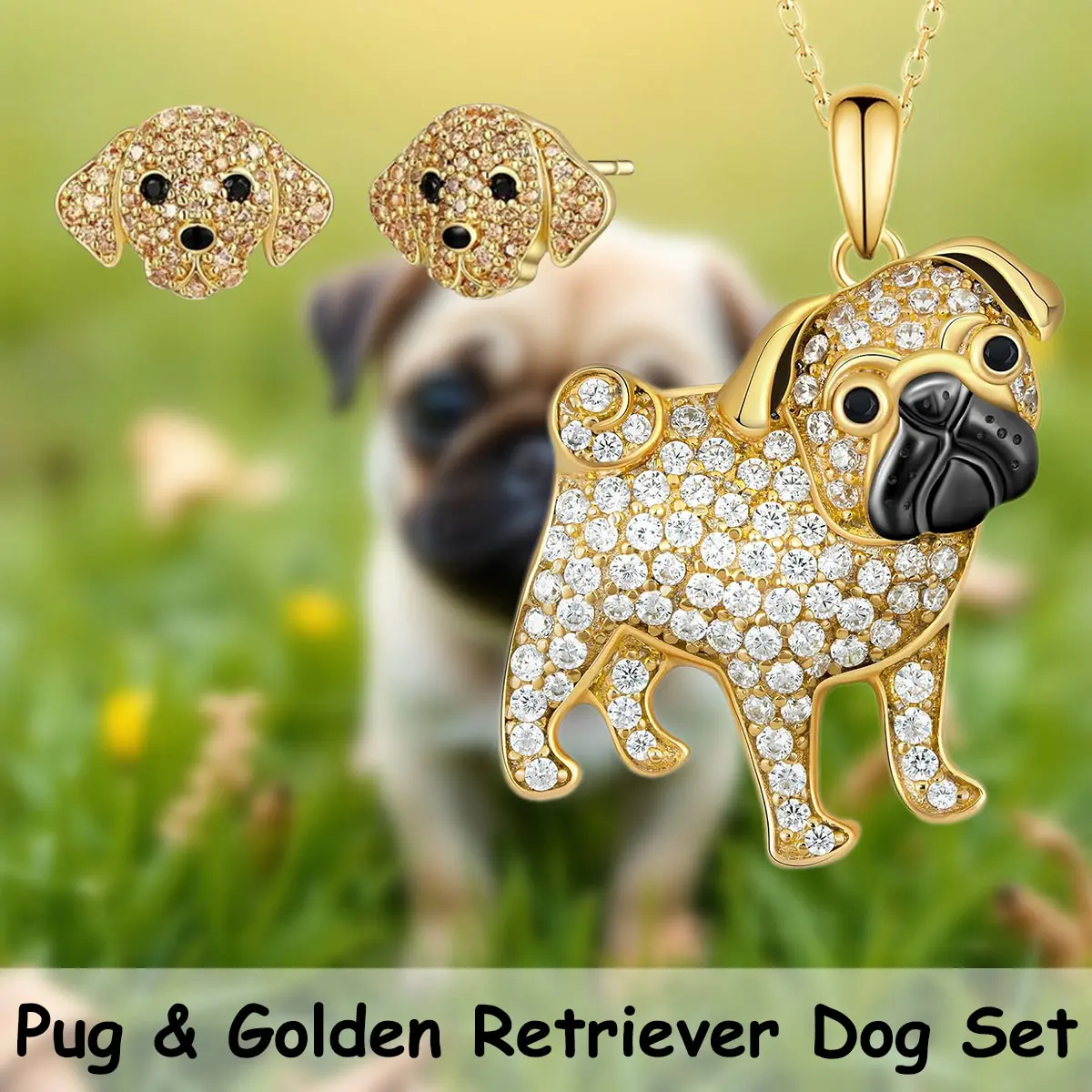 Dog Lover 3-Piece Costume Jewelry Set - Golden Pug Pendant Necklace, Golden Retriever Stud Earrings, Daily Wear Accessory - Ideal Sparkling Birthday, Christmas Gift