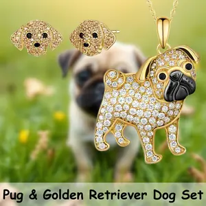 3 Pcs/Set Elegant Golden Pug Dog Pendant Necklace & Adorable Golden Retriever Stud Earrings Jewelry Set - Perfect Sparkling Birthday, Christmas Gift for Dog Lover Family & Friends
