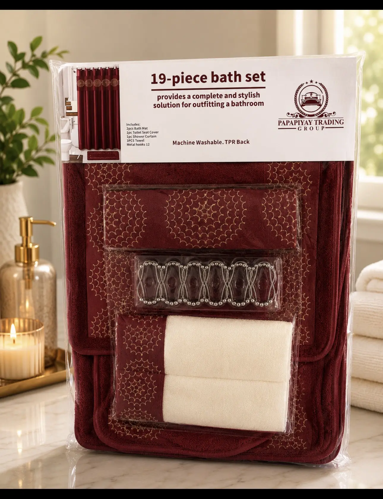 Luxury 19-Piece Bathroom Set Includes 2 Bath Mats Toilet Seat Cover Shower Curtain 3 Towels 12 Hooks Complete Ensemble for Coordinated Look Decorative Versatile Design