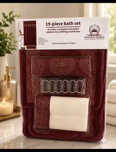 Luxury 19-Piece Bathroom Set Includes 2 Bath Mats Toilet Seat Cover Shower Curtain 3 Towels 12 Hooks Complete Ensemble for Coordinated Look Decorative Versatile Design