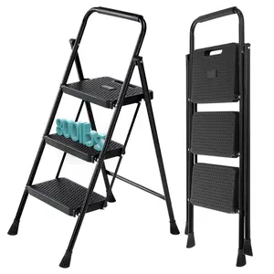 Step Ladder, Foldable Stool with Wide Pedal, Cushioned Handle, 800lbs Capacity for Home Kitchen and Outdoor, Black