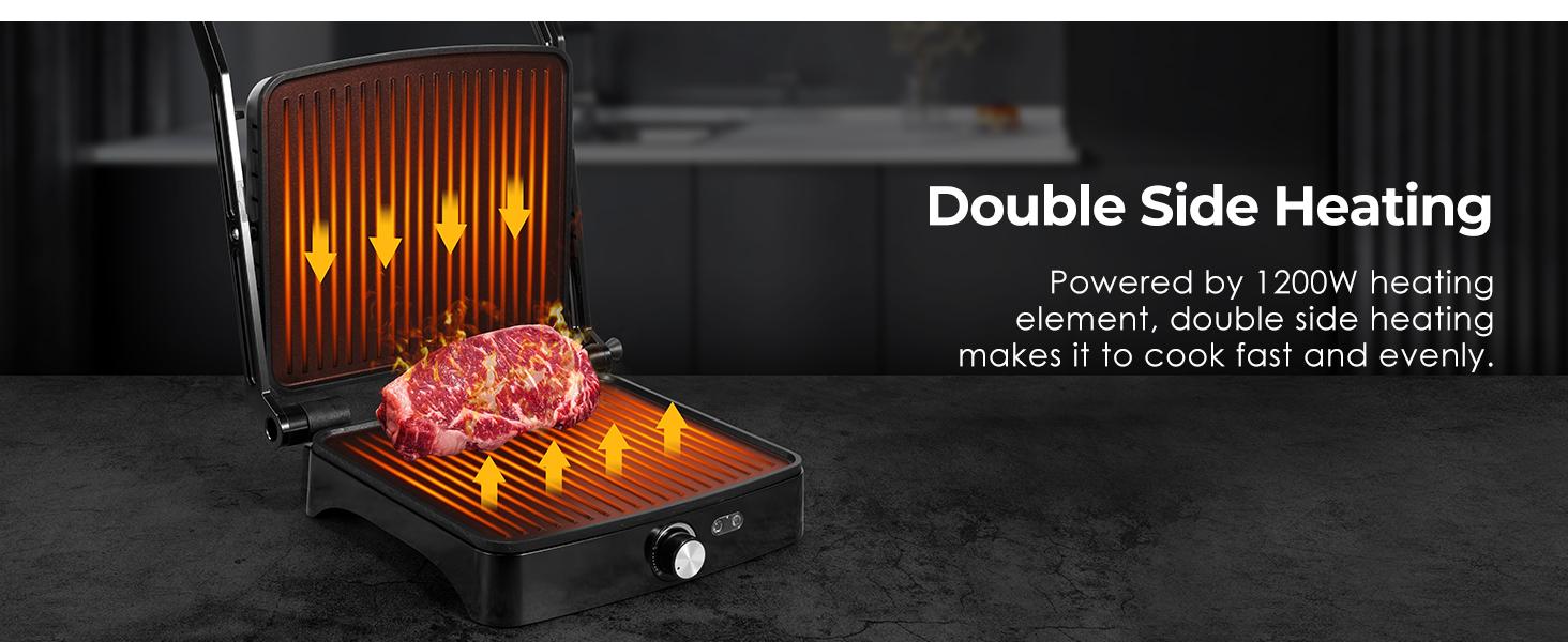 OSTBA Panini Press Grill with Adjustable Temperature 4-Slice Indoor Grill 180° Open Sandwich Maker Non-Stick Plates Stainless Steel 1200W Cast Aluminum Panini Press