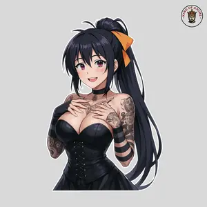 Akeno Waifu Vinyl Sticker, Gothic Tattooed Anime Girl in Black Corset, Laptop Decor, Notebook & Car Window Anime Decal
