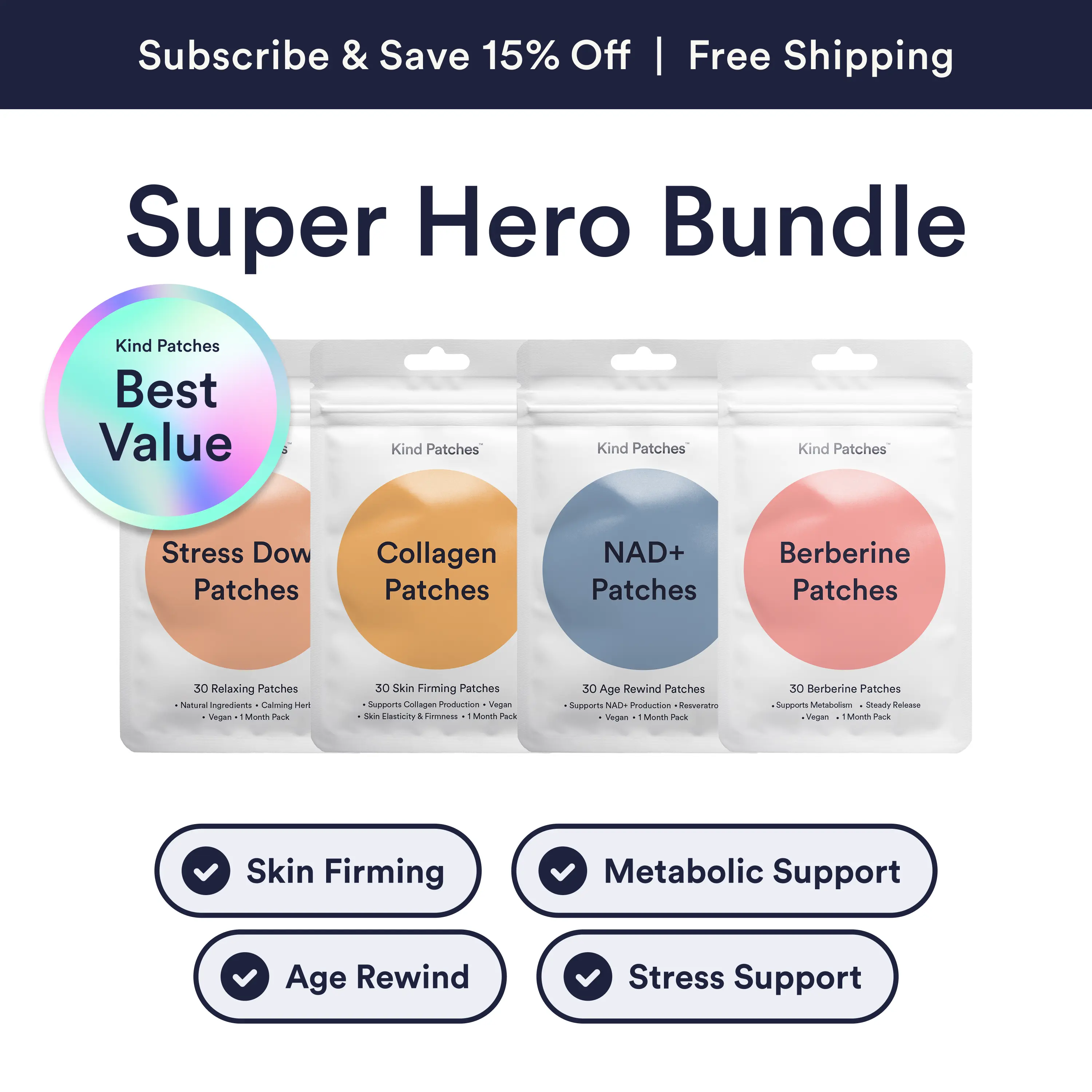 Kind Patches Super Hero Bundle: Berberine, Collagen, NAD+, Stress Down Patches, Natural Ingredients, Vegan