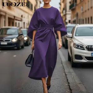 UOOZEE Retro Style Solid Color Dress Women's Fashion Round Neck Waist Strap Lantern Sleeve Mid length Air Dress, Suitable for Commuting Party Women's Wear