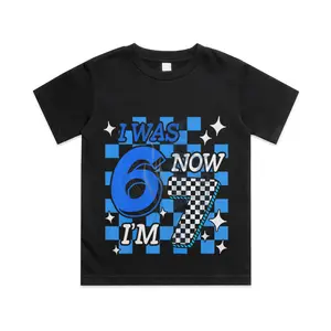 Blue Checkered I was 6 Now I'm 7 Birthday Boy Bday Cotton T-shirt, Graphic Print Round Neck Short Sleeve Casual Tee for Boys Girls Crew Neck