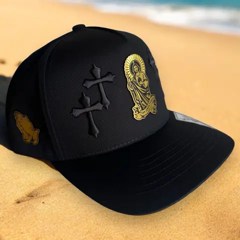 Unisex Embroidered Snapback Cap - Saint Jude Symbol Black Adjustable Hat, Christian Faith Double Cross Side Accents, Casual Outfits Cap for Devotees, Fashion One Size Headwear