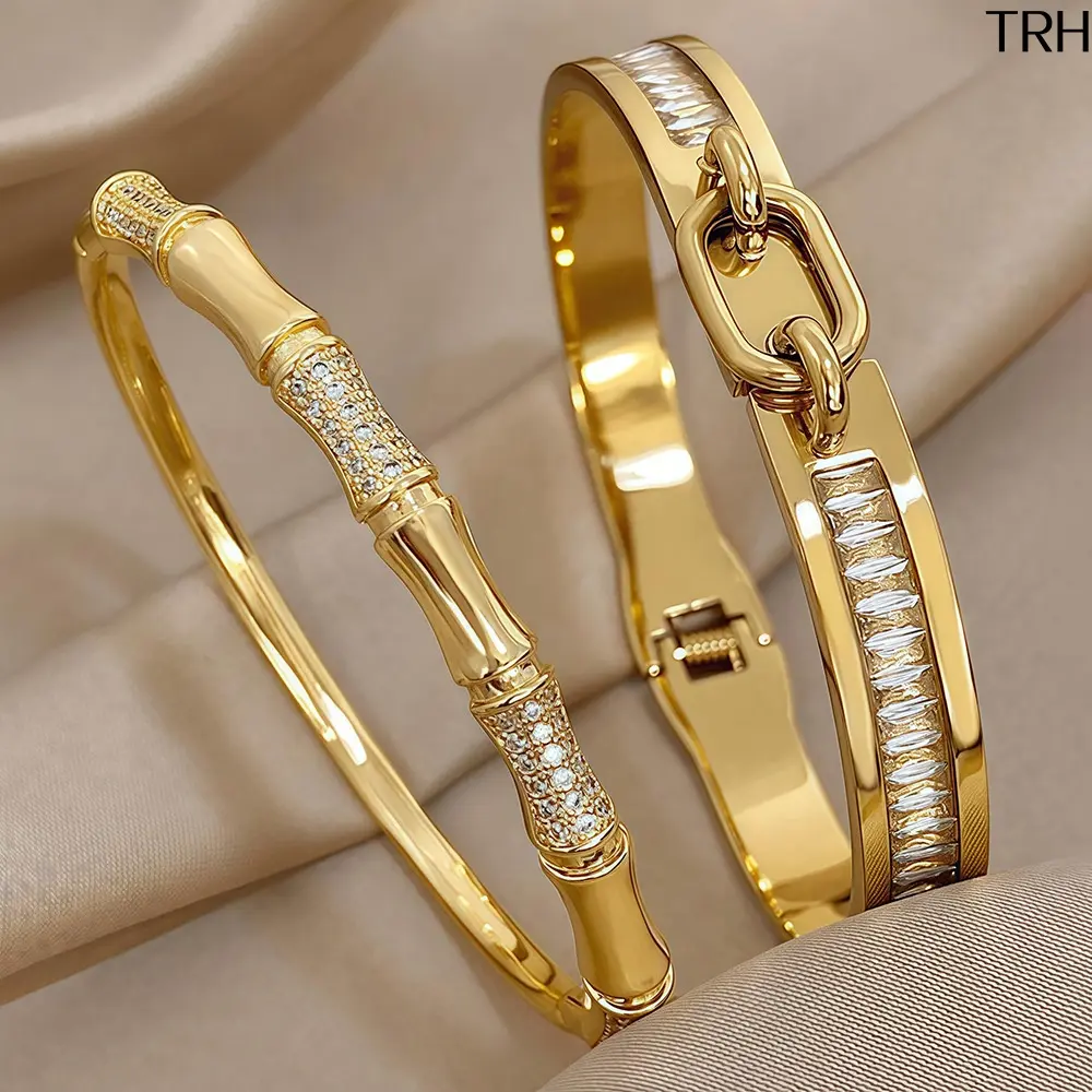 Gold Bangle Bracelet Set for Women 18K Gold Plated Cubic Zirconia Inlaid Bamboo Joint & Chain Link Design Open Cuff Bracelets 60mm Diameter Luxury Daily Wedding Anniversary Party Jewelry Gift