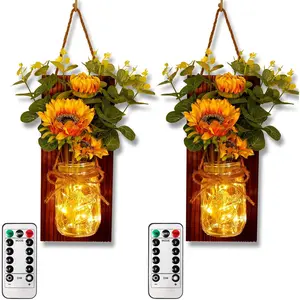 Sunflower Wall Sconces Set of Two, Mason Jar Sconces Farmhouse Wall Decor Comes with Remote Control and Warm Toned LED Lights, Rustic Sunflower Decor for Home Kitchen Dining Room Living Room