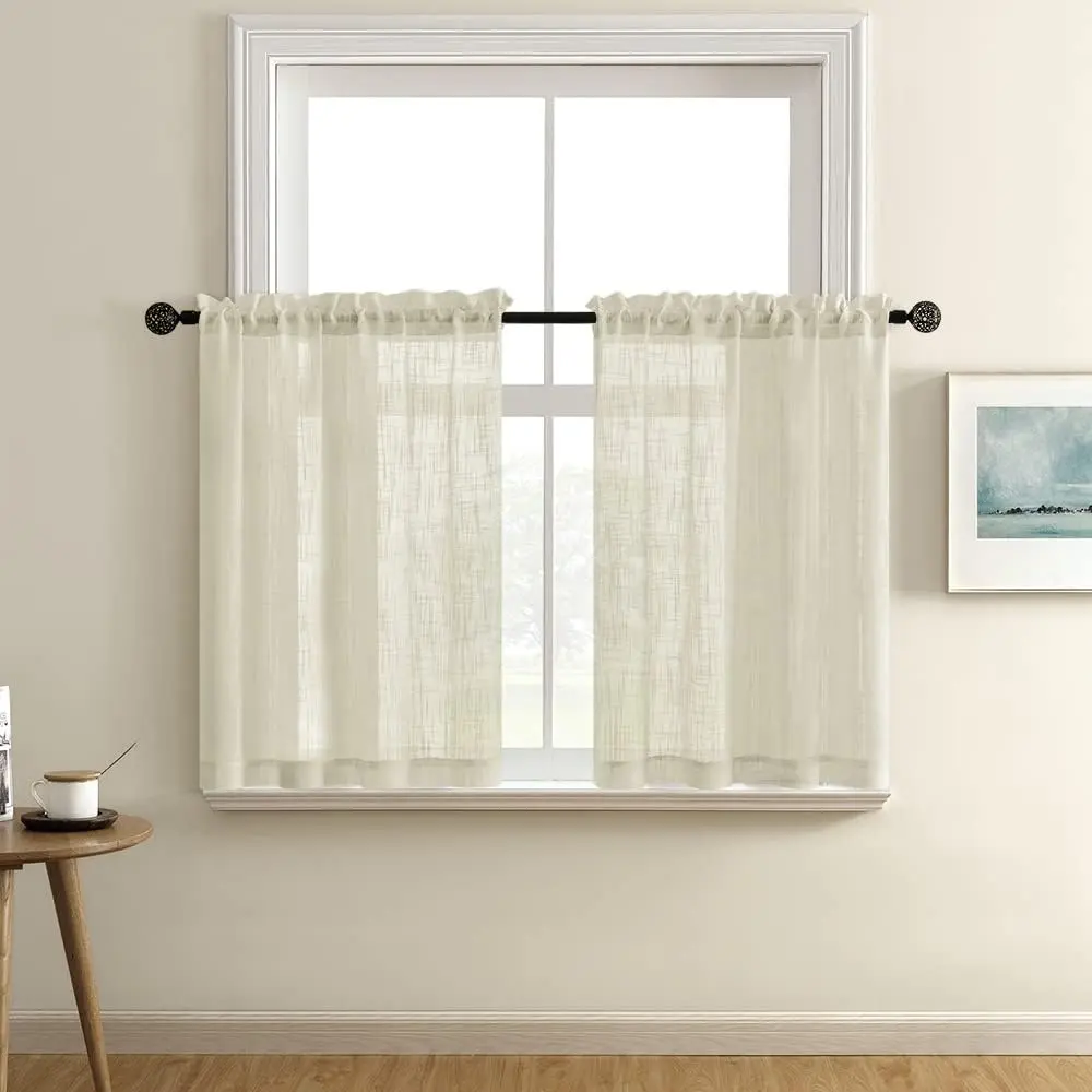 Beige Linen-Textured Sheer Net Curtains, 24in Long Rod Pocket Tier Curtains for Kitchen & Bathroom Small Half Windows, Neutral Casual Weave Natural Flax Window Treatments, Net Curtain Window