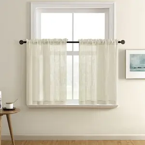 Beige Kitchen Curtains 24 inch Long for Bathroom Neutral Casual Weave Linen Textured Sheer Short Rod Pocket Small Half Window Treatments Tier for Bedroom Natural Flax Color