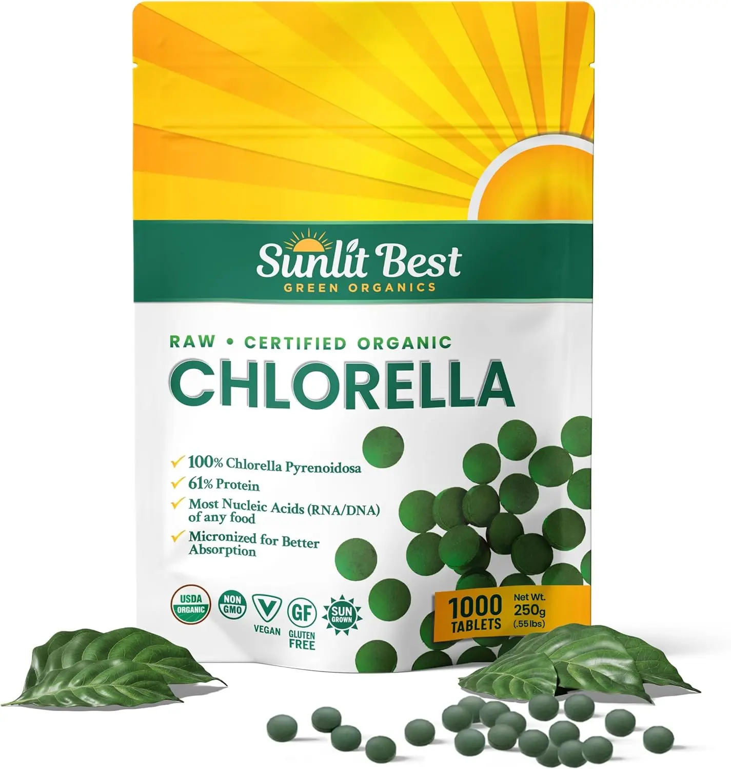 Sunlit Best Organic Chlorella 1,000 Tablets - 100% USDA Organic Cold press, Burst cell wall