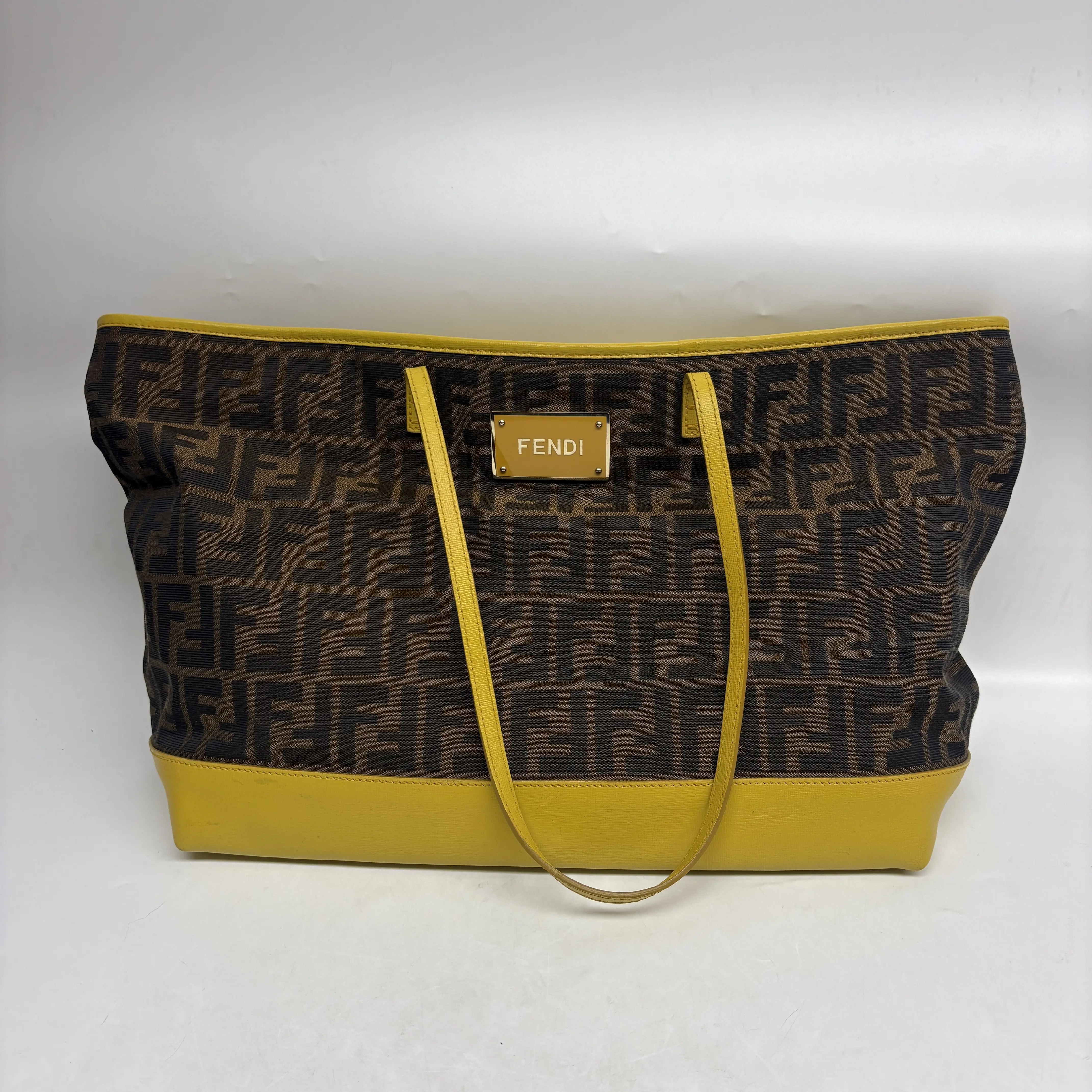 Pre-owned Canvas Tote Bags Fendi Classic FF Logo Yellow Trim Tote