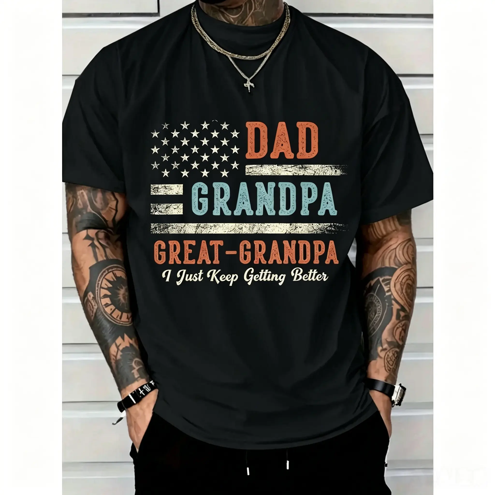 100% Cotton Dad Grandpa Great-Grandpa Graphic T-Shirt, Crew Neck Unisex Short Sleeve Casual Tee, Vintage Distressed American Flag Print Tops, Grandfather Family Daily Outfit, Father’s Day & Grandpa Birthday Gift T Shirts for Papa Great Grandpa