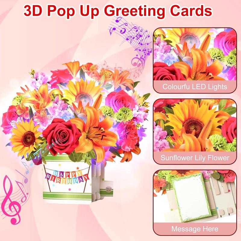 Happy Birthday Card for Women 10Inch Life Sized Forever Sunflower Bouquet with Light and Music 3D Popup Greeting Card for Wife Mom Daughter Sister