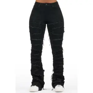 Zariyah Black Rhinestone Stacked Flare Jean