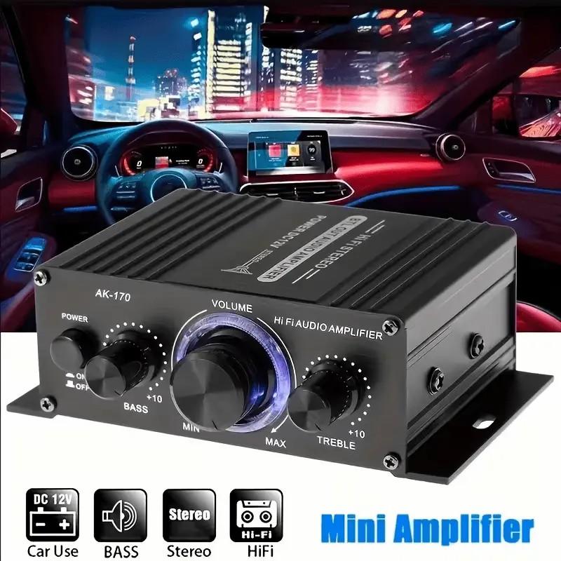 AK-170 Mini Car Audio Amplifier 12V 20W High-Power for Cars Motorcycles Computers MP3 Players Home Road Vehicles Black with Blue Indicator Lights Battery-Free Modern Durable Audio Equipment