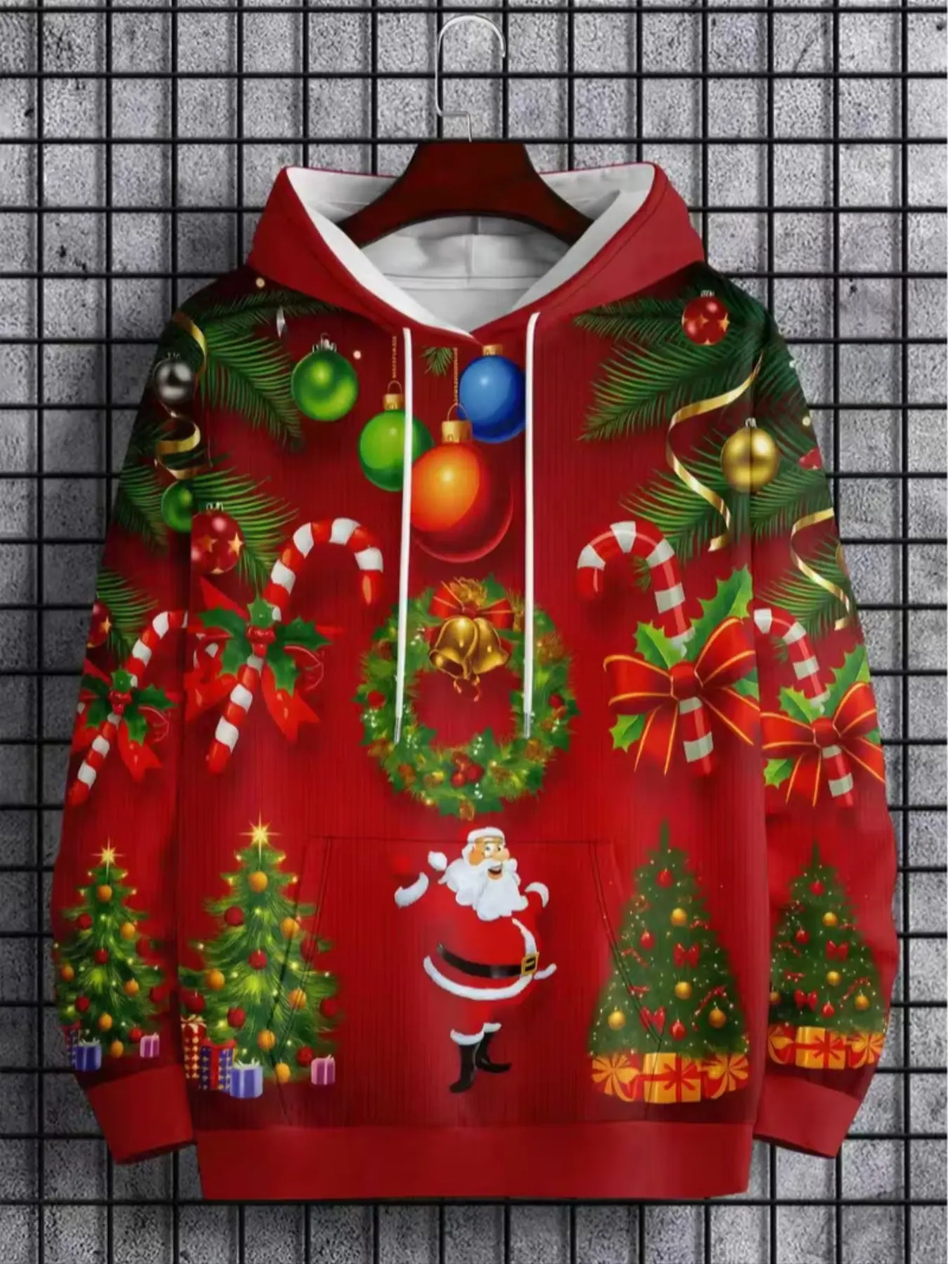 Men's 3D Christmas Print Hoodie, Loose Fit with Candy Cane, Holly, Santa Pattern, Casual Winter Sweater, Holiday Party Wear