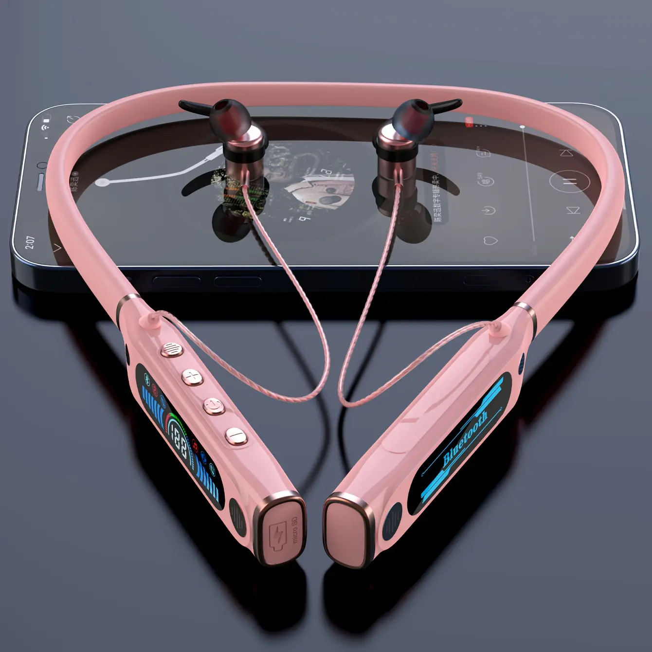 Pink Collar-Style Neckband Wireless Earbuds - In-Ear Bluetooth Headset with 1000 mAh Battery, ANC Noise Reduction, 20kHz HD Sound, TF Card Support, Comfortable Fit, Compact Portability, Ideal for Fitness, Cycling