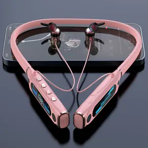 Neckband wireless earphones, collar-style design, supports TF card, intelligent noise cancellation, high-definition sound quality, comfortable fit, 1000 mAh battery, ultra-long battery life, compact and portable, pink color, suitable for fitness, cycling,