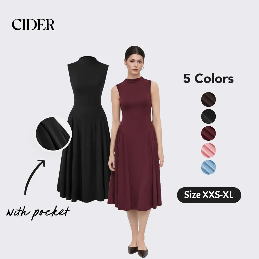 Cider High Neck Solid Ruffle Pocket Midi Dress - Fits Phone & Keys Womenswear Minimalist SummerFinds