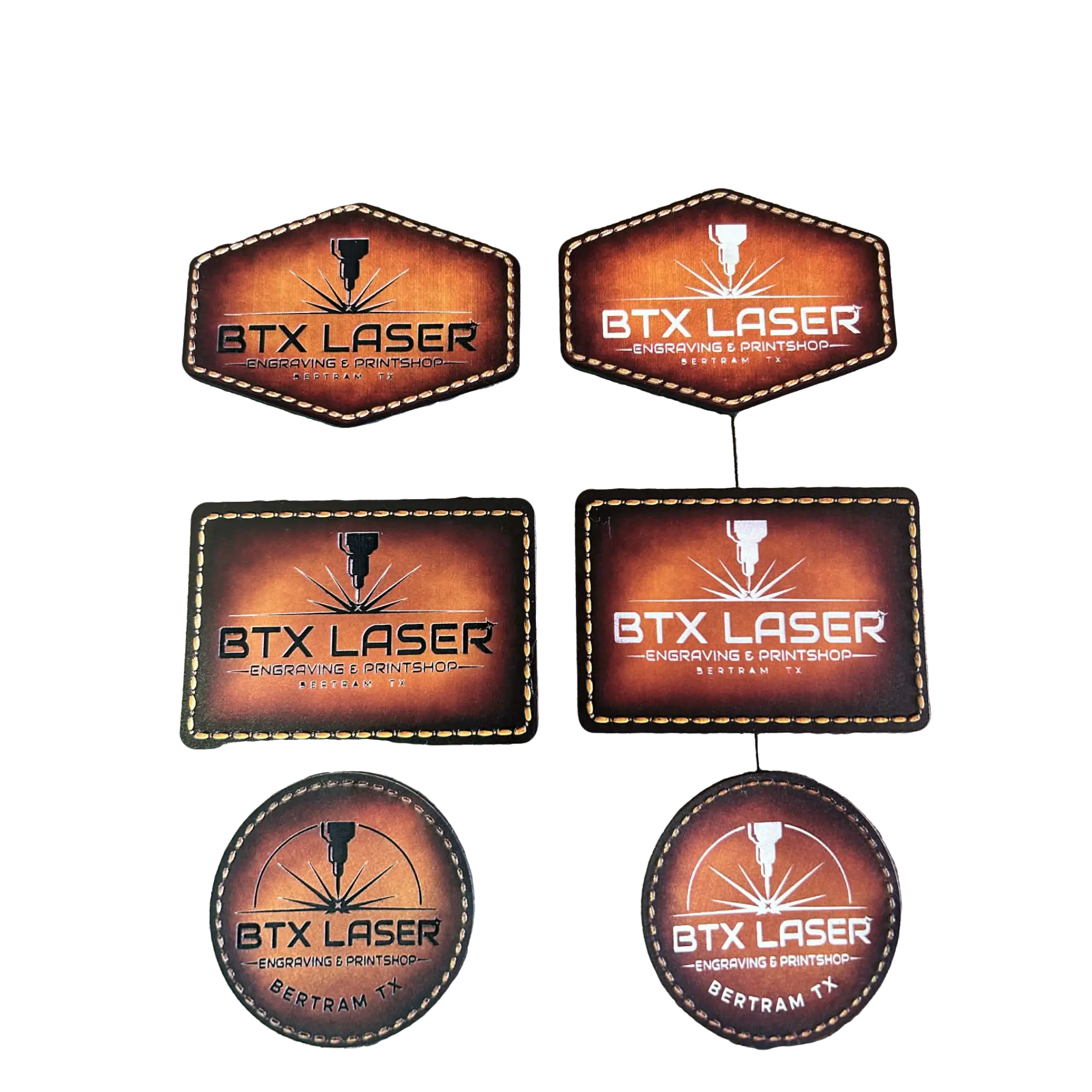 BTX Laser UV Printed Leatherette Hat Patches Air Brushed with Raised Threads Genuine Leather Look Customizable Design Strong Adhesive Multiple Shapes