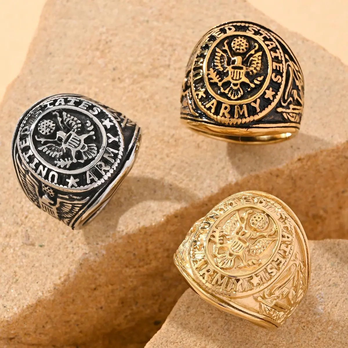 Men's Oval Stainless Steel Hip-Hop Ring - Army-Inspired Eagle Motif, Animal Print Retro Fashion Accessory, Ideal for Daily Leisure, Party Wear, Hip-Hop Rings