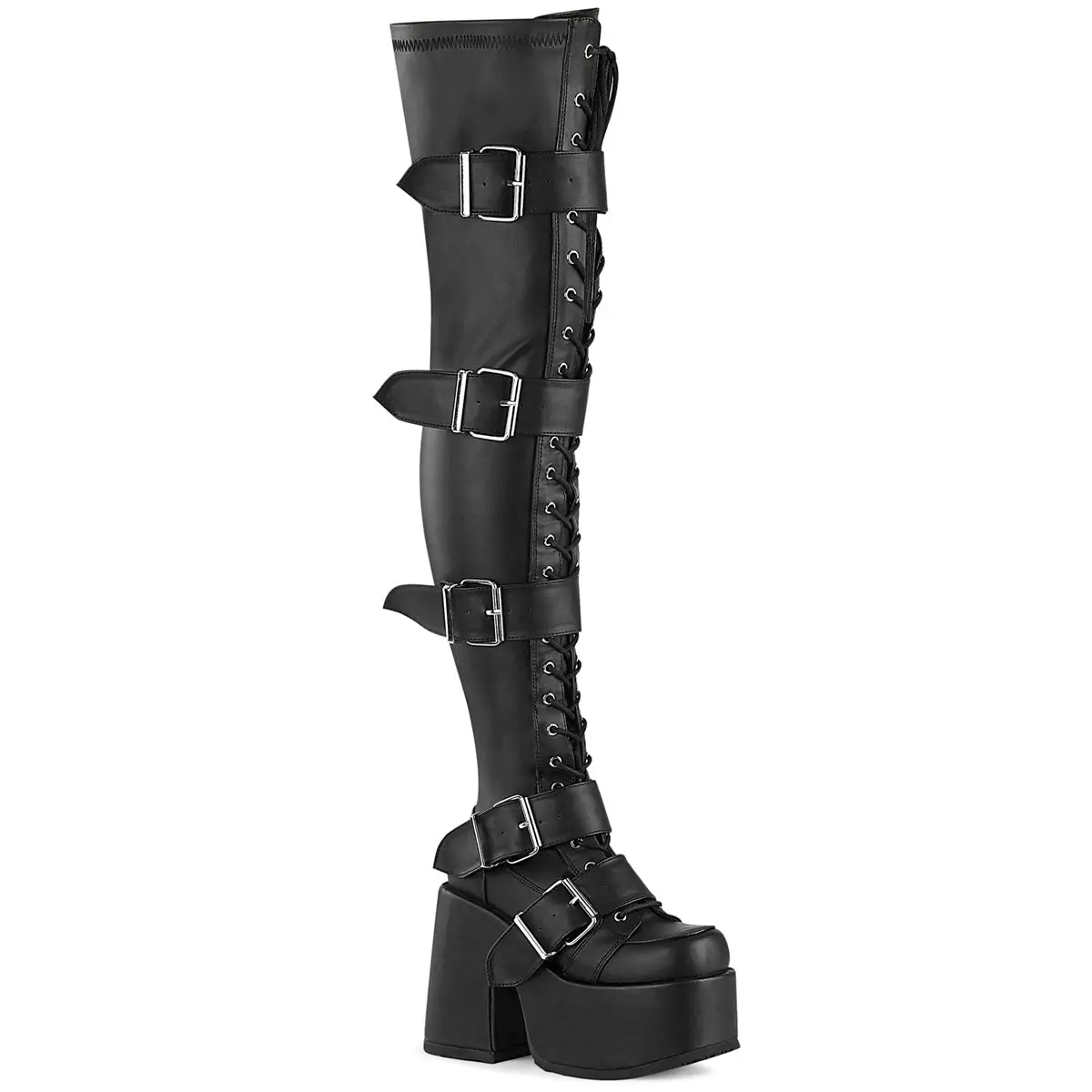 Demonia Camel-305 Round Toe Cuban Heel Lace-Up Thigh-High Boots for Women