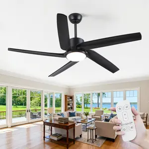 52Inch Farmhouse Solid Wood Ceiling Fans with Light,5CTT Dimmable LED Light,Remote Control, Reversible Outdoor All-Weather Use for Indoor Living Room or Patio,5 Blades Modern Black/Rustic Walnut Color