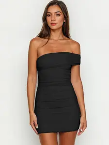 Strapless Bodycon Mini Dress, Pleated Tube Top One Shoulder Party Nightclub Short Skirt, Stylish Evening Wear for Women, Womenswear