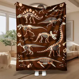 Cartoon dinosaur fossil illustration plush blanket - Soft and warm. A gift blanket for family and friends, a nap blanket, a sofa blanket, a multi-functional blanket for camping and traveling, a veteran's blanket, a retro hand-painted fashionable blanket.