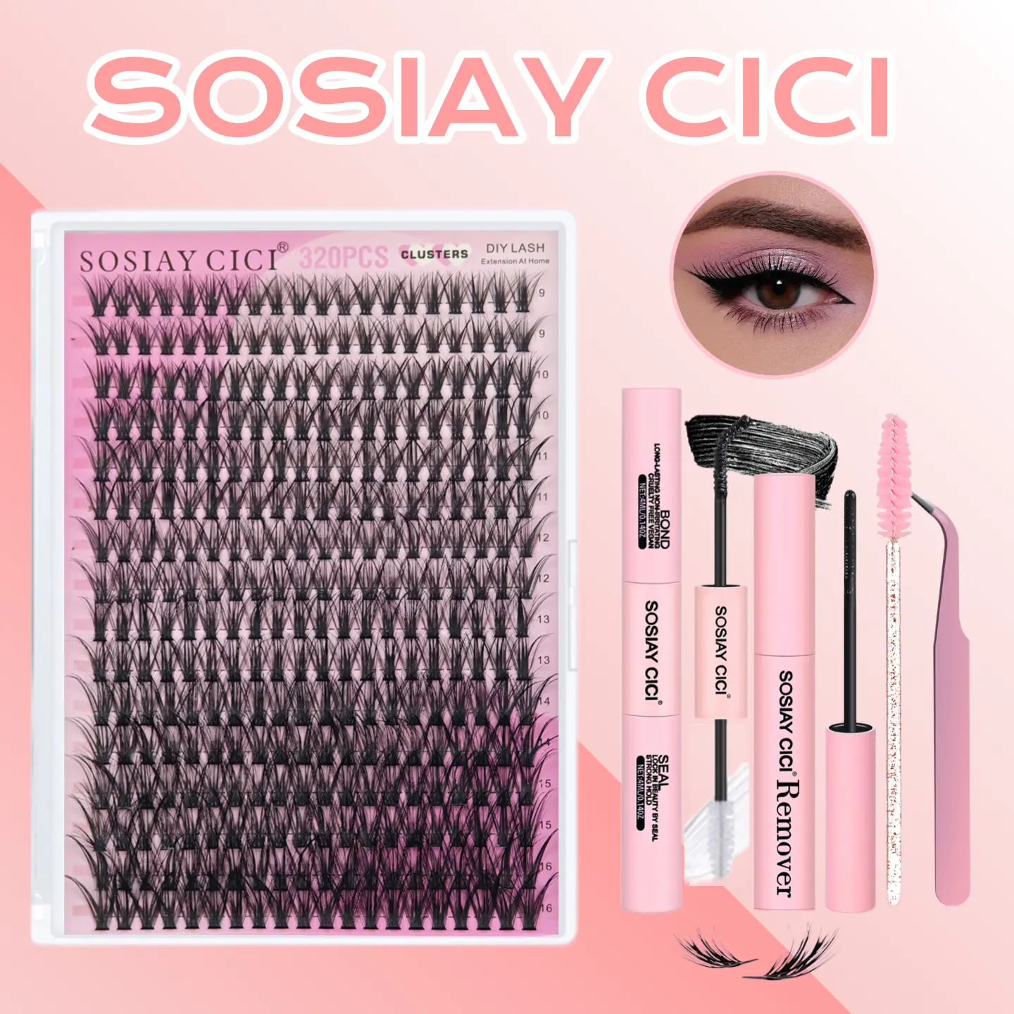 DIY Lash Extension Kit with 320 Pcs 40D Fluffy Clusters, Waterproof & Long-Lasting Bond, Seal, and Remover, 9-16mm Mixed Lengths for Easy Apply