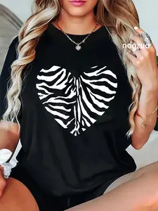 100% Cotton zebra animal skin heart sign white print waves black pattern T-Shirt